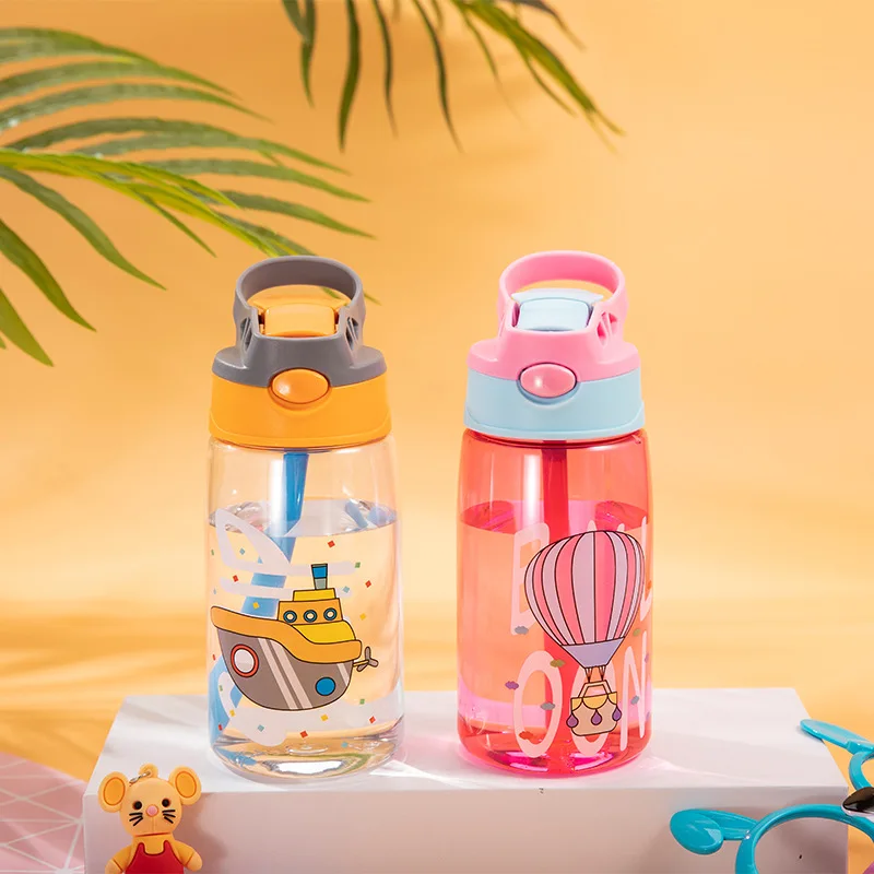 Botella de agua port&aacute;til con patr&oacute;n de dibujos animados para ni&ntilde;os, vaso de alimentaci&oacute;n con pajita para entrenamiento al aire libre, 480ML-2