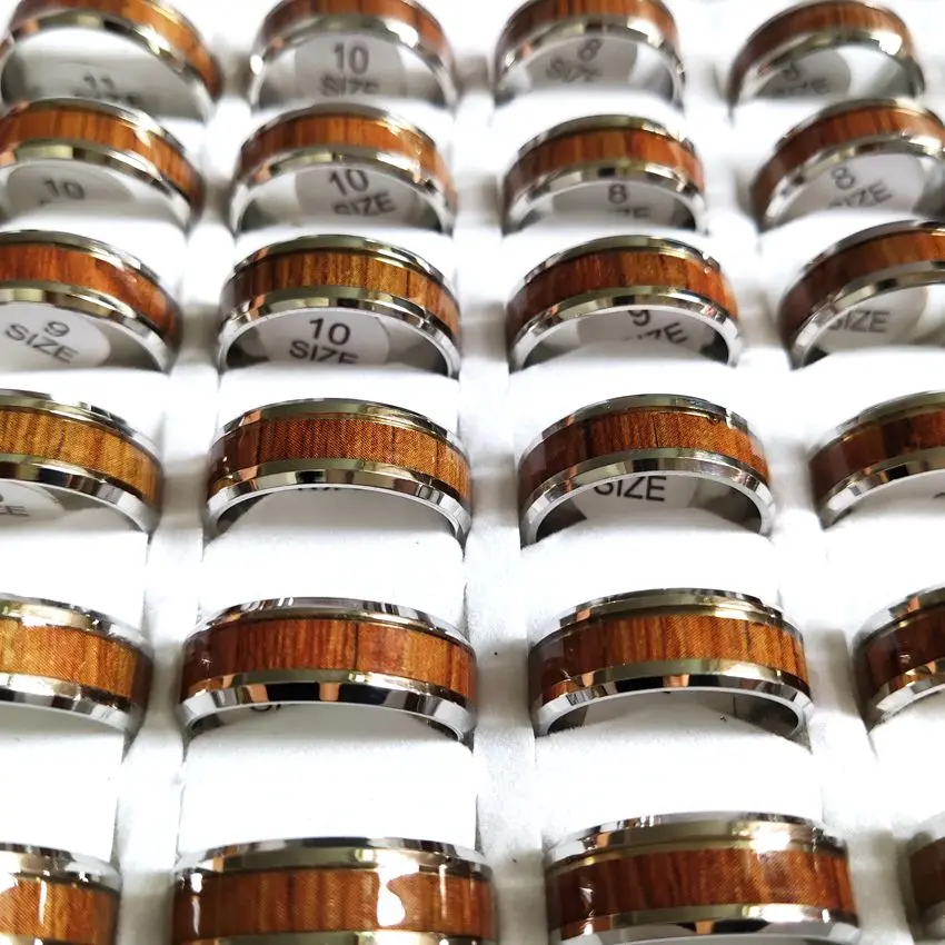 Кольцо мужское из нержавеющей стали 20 шт./лот с отделкой под древесину 8 мм