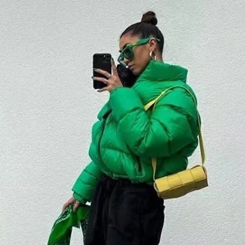 Ardm Casual Thick Warm Winter Jacket Women Quilted Coats Green Stand Collar Zipper With Pockets Street Down Cotton Cropped Tops