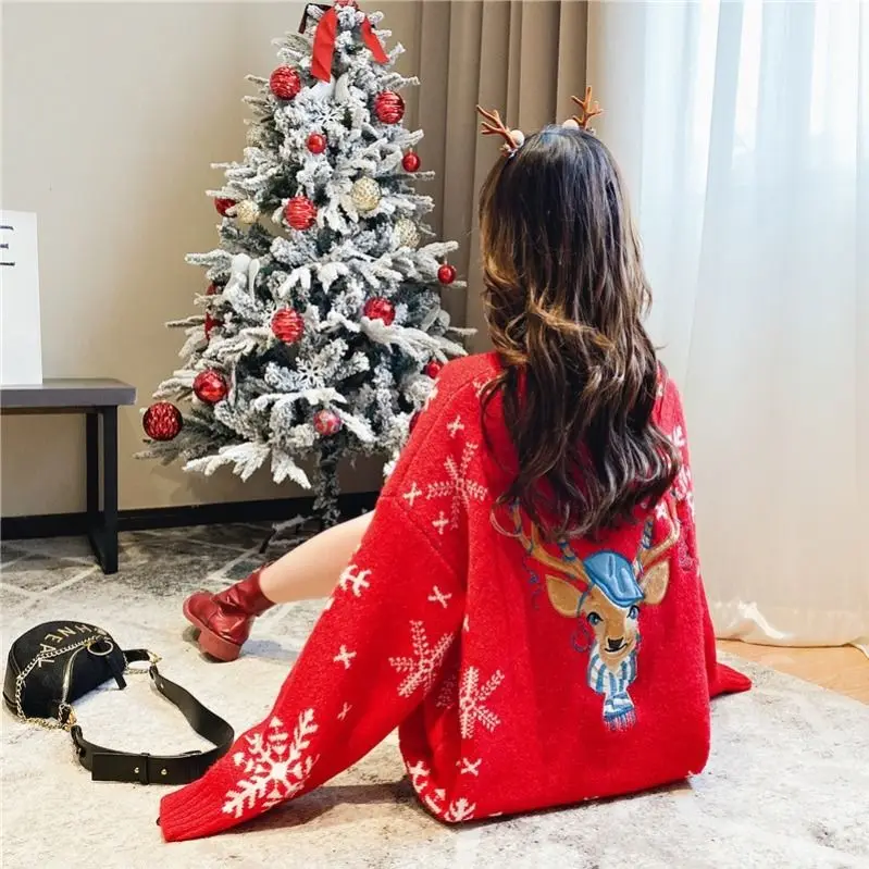 

Christmas Heavy Industry Embroidery Sweater Women 2019 Autumn And Winter New Red Pullover Korean Foreign Style Sweater Students