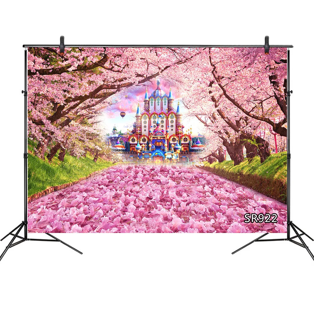 Фон для детской фотосъемки с изображением фантастического леса замка розового