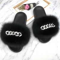 summer crystal real fox fur slippers black fur fluffy slides eva home fashion 2021ladies flip flops slippers crystal beach