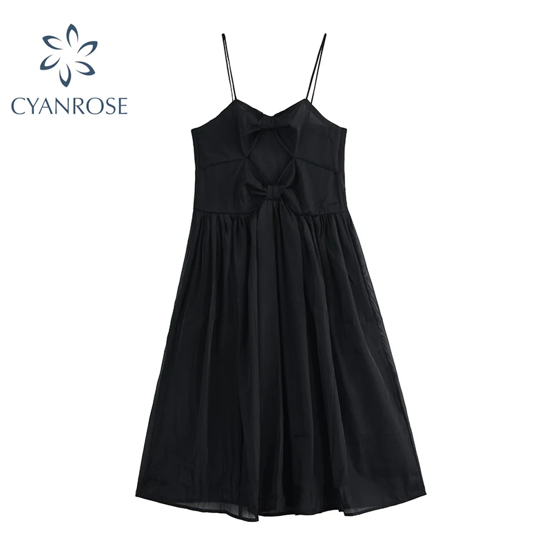 

Women's Spaghetti Strap Dress Summer French Style Vintage Elegant Chic Bow Design And Mesh Stitching 2021 High Waist Lady Dress