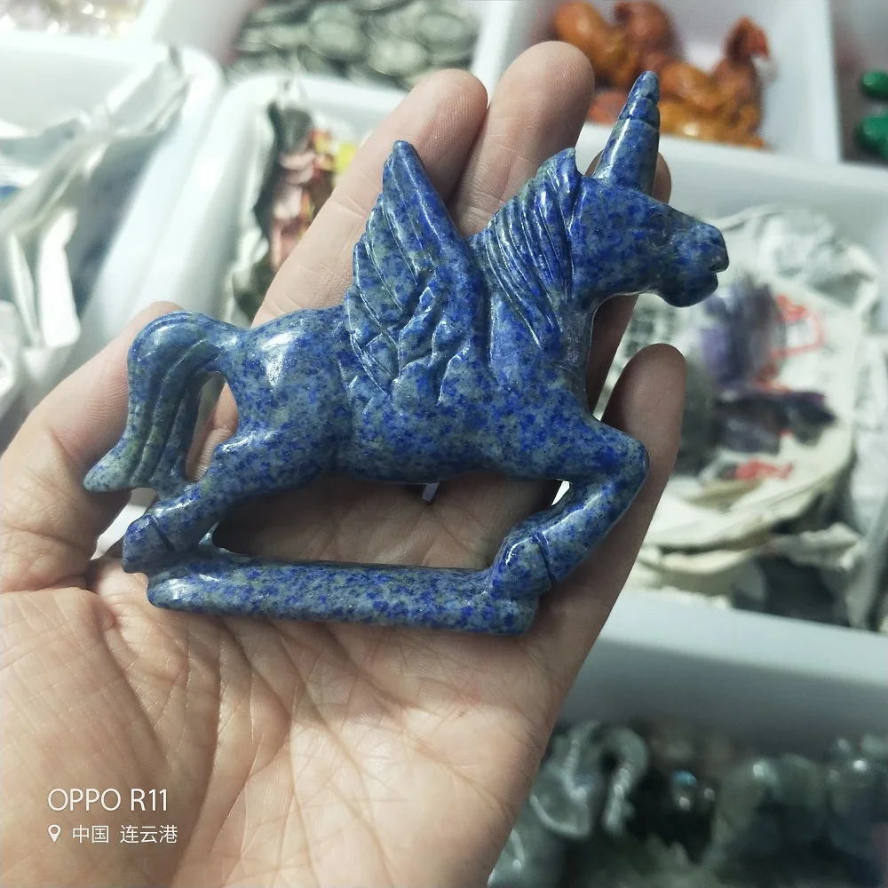 Резьба из натурального кристалла лазурит Лошадь Единорог животное тотем статуя