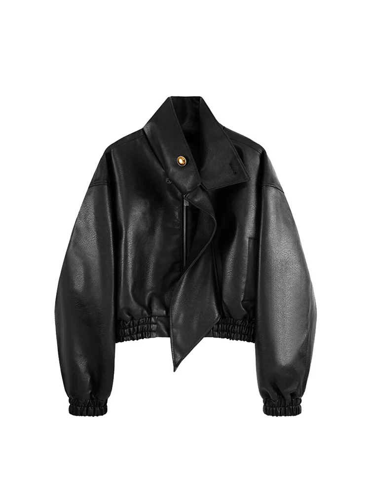2021 Women Leather Jacket Zippers Loose Winter Vintage Trendy Korean Style Locomotive Lapel Female Chic PU Short Fur Tide | Женская