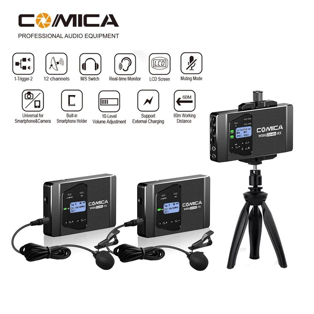 Comica Cvm-Ws60 Mini Wireless Microphone System Two Transmitters One Receiver for Smartphones and Cameras Uhf 12 Channels 60M |