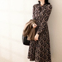 floral floral dress womens autumn 2021 new fashion bow tie strap light cooked wind retro mid length pleated chiffon dress