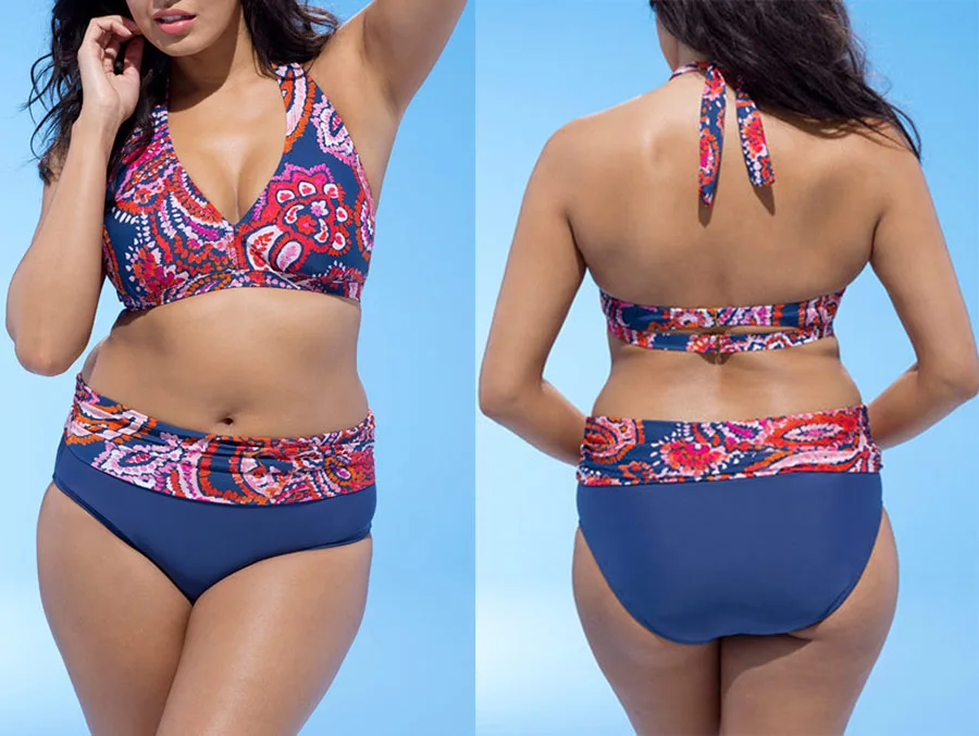 Женский купальник большого размера бикини с цветочным принтом и завышенной