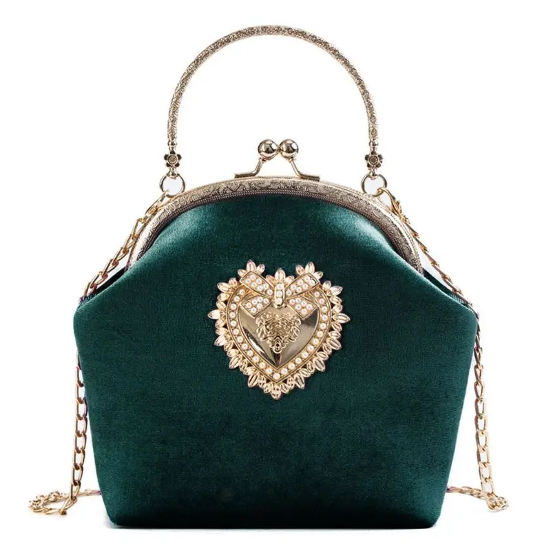 

Women Velvet Handbag Vintage Heart Design Evening Bag Wedding Party Bride Clutch Shoulder Bags Purse G5AE