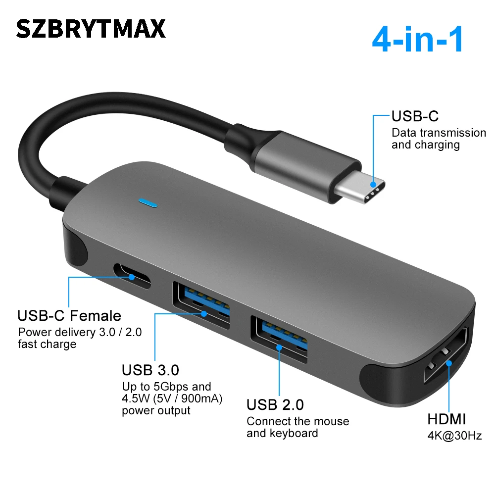 

4 in 1 USB-C Adapter Cable to USB3.0A and Type C Female Hub Dock Station For Tablet Phone For iPhone Docking Station For Macbook