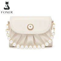 foxer ladies luxury pearl chain small handbag niche design pleated shoulder bag 2021 new split leather soft crossbody woman bag