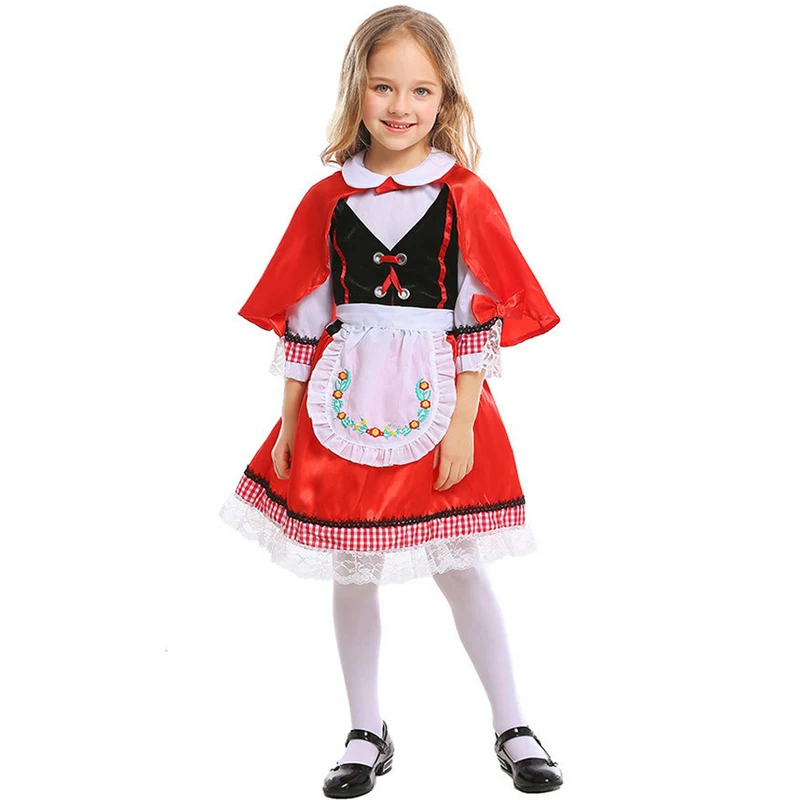 

Girls Halloween Costume Fairy Tale Princess Little Red Riding Hooded Uniforms Fancy Party Cosplay Dress Cloak Apron Suit