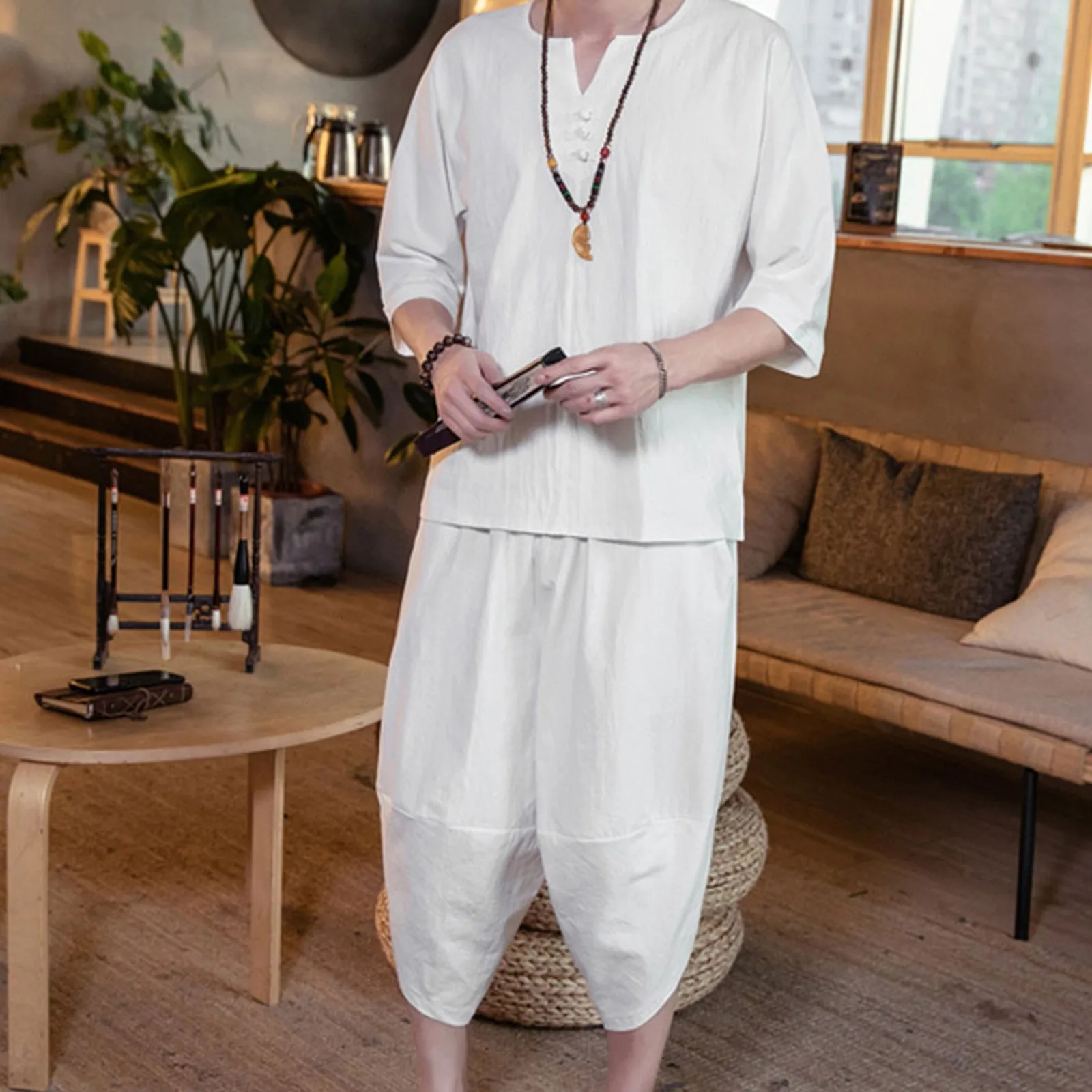 

Men Summer Fashion Linen Short Casual Comfortable Cotton-hemp Short Sleeve Shorts Suit High Quality T-shirt Sports Running Sets