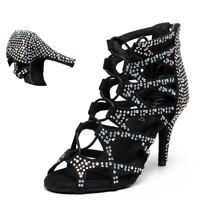 Женские ботинки Стразы для латиноамериканских танцев черные туфли со шнуровкой