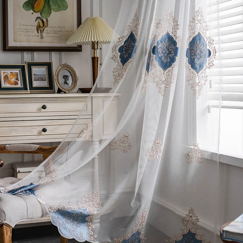 

European Style Luxury Light Blue Curtains Velvet Embroidered Tulle for Kitchen Bedroom Living Room Sheer Curtain with Rod Pocket