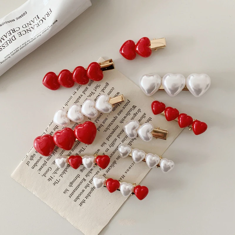 Красный белый жемчуг имитация бисера зажим для волос сердце женщин заколка