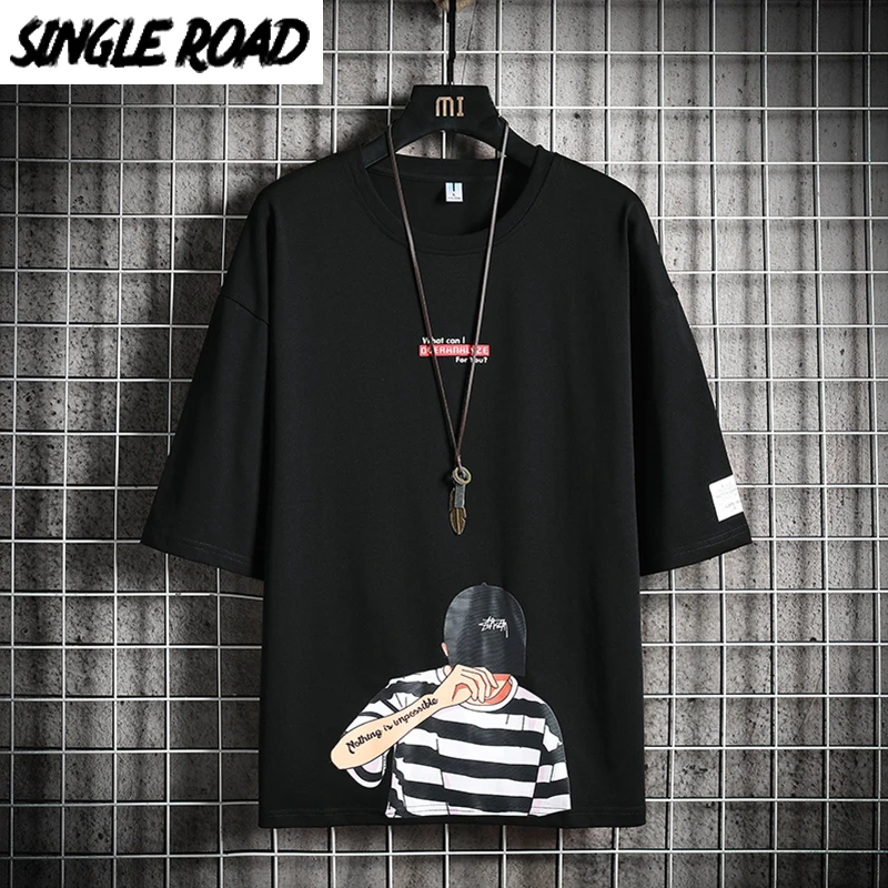Мужская футболка с одной дорожкой лето 2021 черный аниме большой Топ в стиле хип