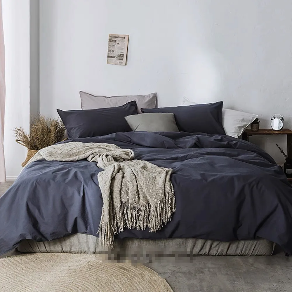 

Washed Cotton Nordic Grey Pure Color Four - Season Breathable Nude Sleeping Skin - Friendly Bed Set