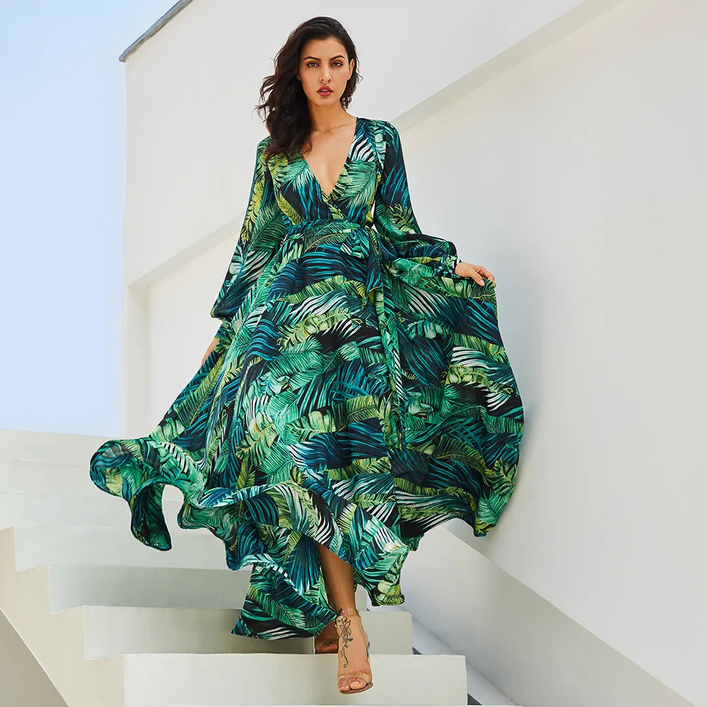 

Summer Woman's Dress Casual Bohemian Dresses Lantern Sleeve V-neck Green Leaves Printed Dress Vintage Elegant Party Dresses