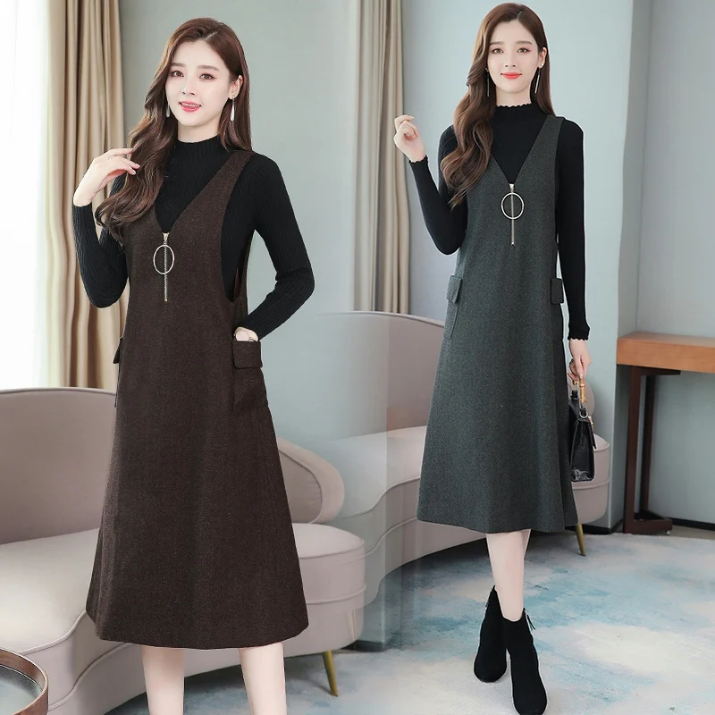 

Winter New Style Solid Color V Neck Vest Dress Pocket Slim All Match Woolen Base Sweater Two Piece Set Women Brown Green