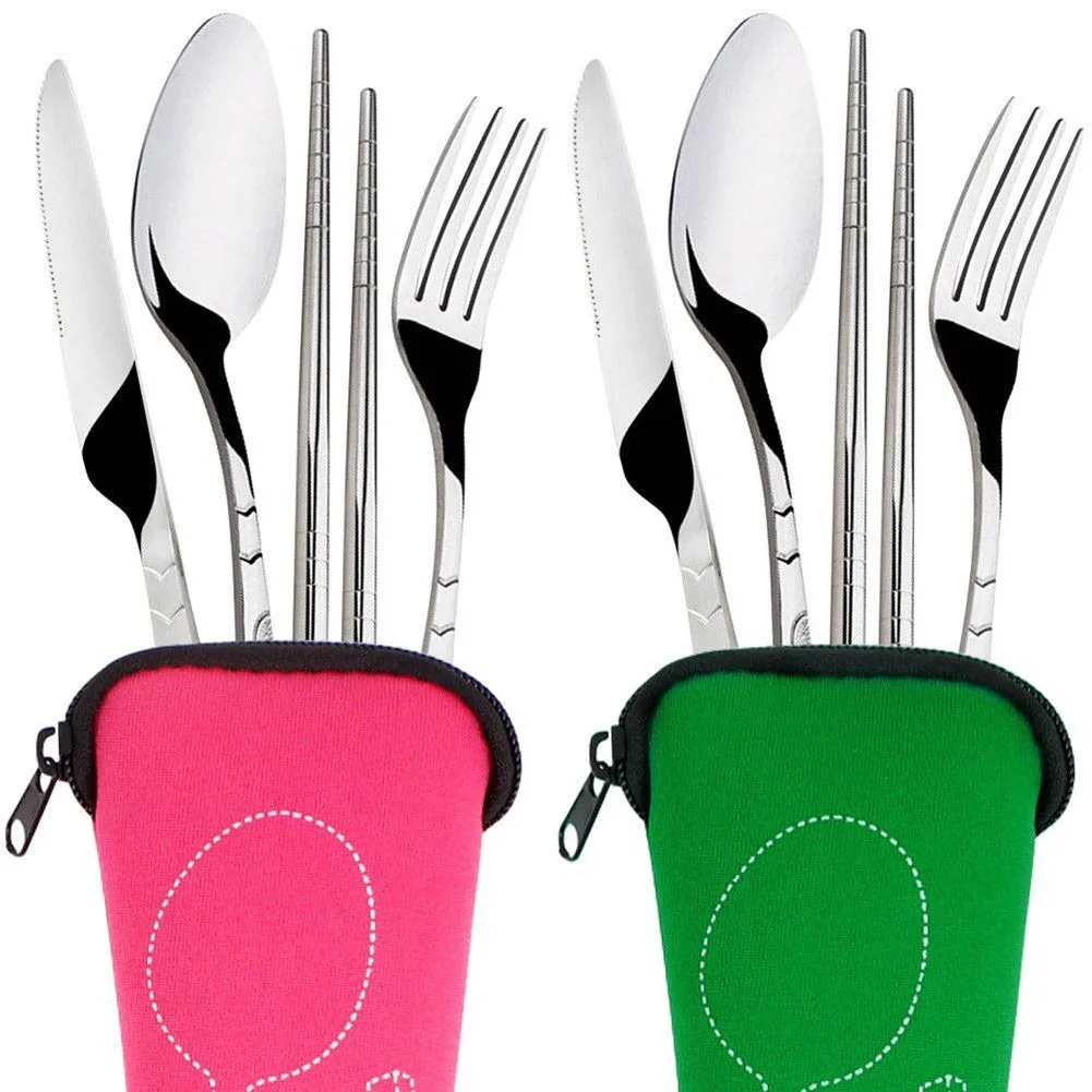 4 Pcs Stainless Steel Fork Spoon Chopsticks Travel Camping Cutlery Tools Portable Tableware Spoon Fork Knife Steel Cutlery HA