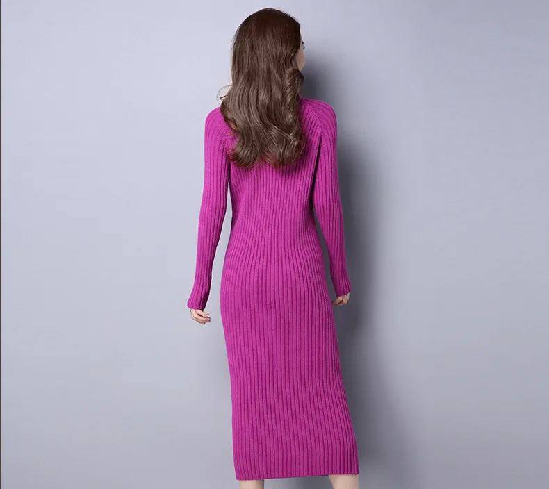 Осенне-зимнее однотонное платье средней длины женское облегающее тонкое