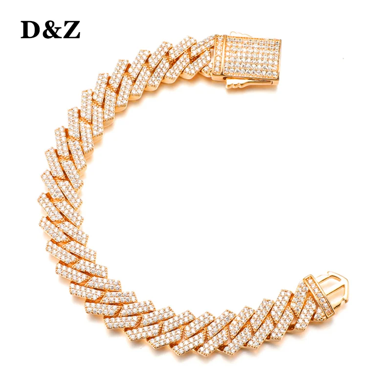 

D&Z 14mm 2Rows Cuban Link Bracelet Spring Buckle Iced Out Cubic Zircon Stones With Solid Back For Men Hip Hop Jewelry