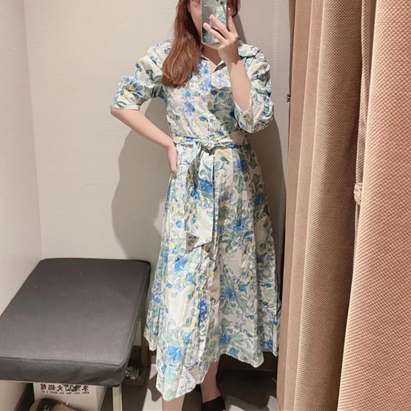 

PSEEWE Za 2021 Blue Shirt Dress Woman Vintage Print Summer Long Dress Women Fashion Belt Midi Elegant Casual Women's Dresses