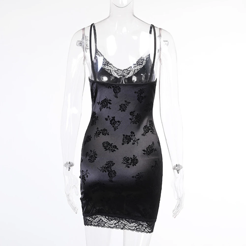 

Lace Mini Black Dress Spaghetti Strap V Neck Split Bodycon Slip Dress Backless Sexy Streetwear Summer Dress 2021