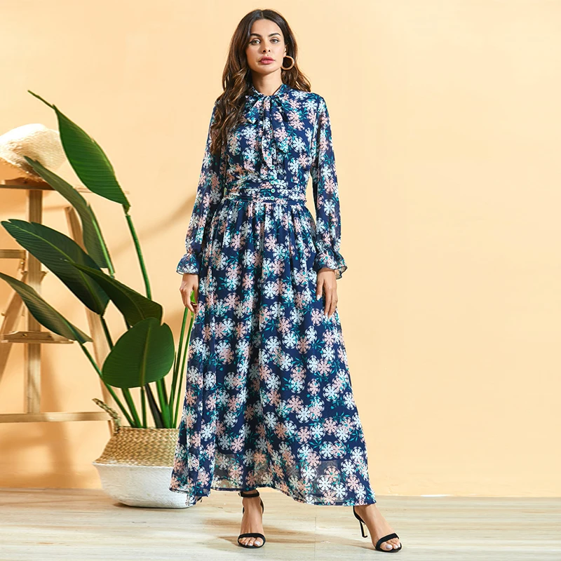 Женское платье с бантом Siskakia макси длинным рукавом и воротником стойкой