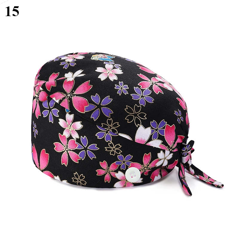 

New Surgical Cap Fashion Floral Bouffant Doctor Hat Pure Cotton Buckle Sweat-Absorbent Towel Printing Embroidery Nurse Hat New