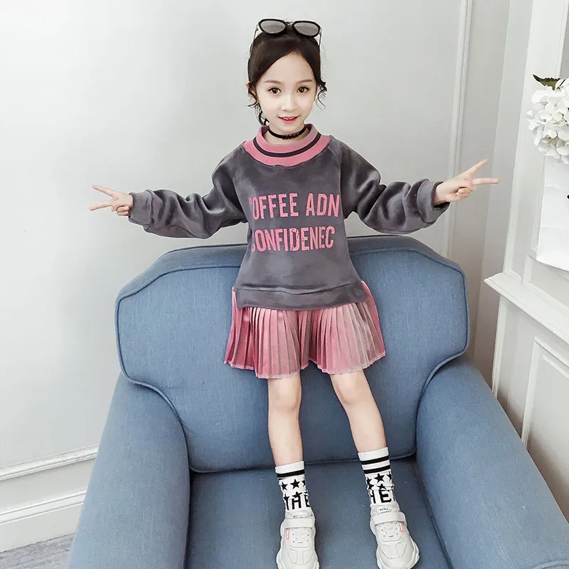 Grey Sweatshirt Детская зимняя одежда; Roupa Infantil Menina; свитер для девочек; платье с флисовой подкладкой; теплое платье-рубашка с эластичным воротником в рубчик; плиссированная нижняя часть - Цвет: Grey Sweatshirt