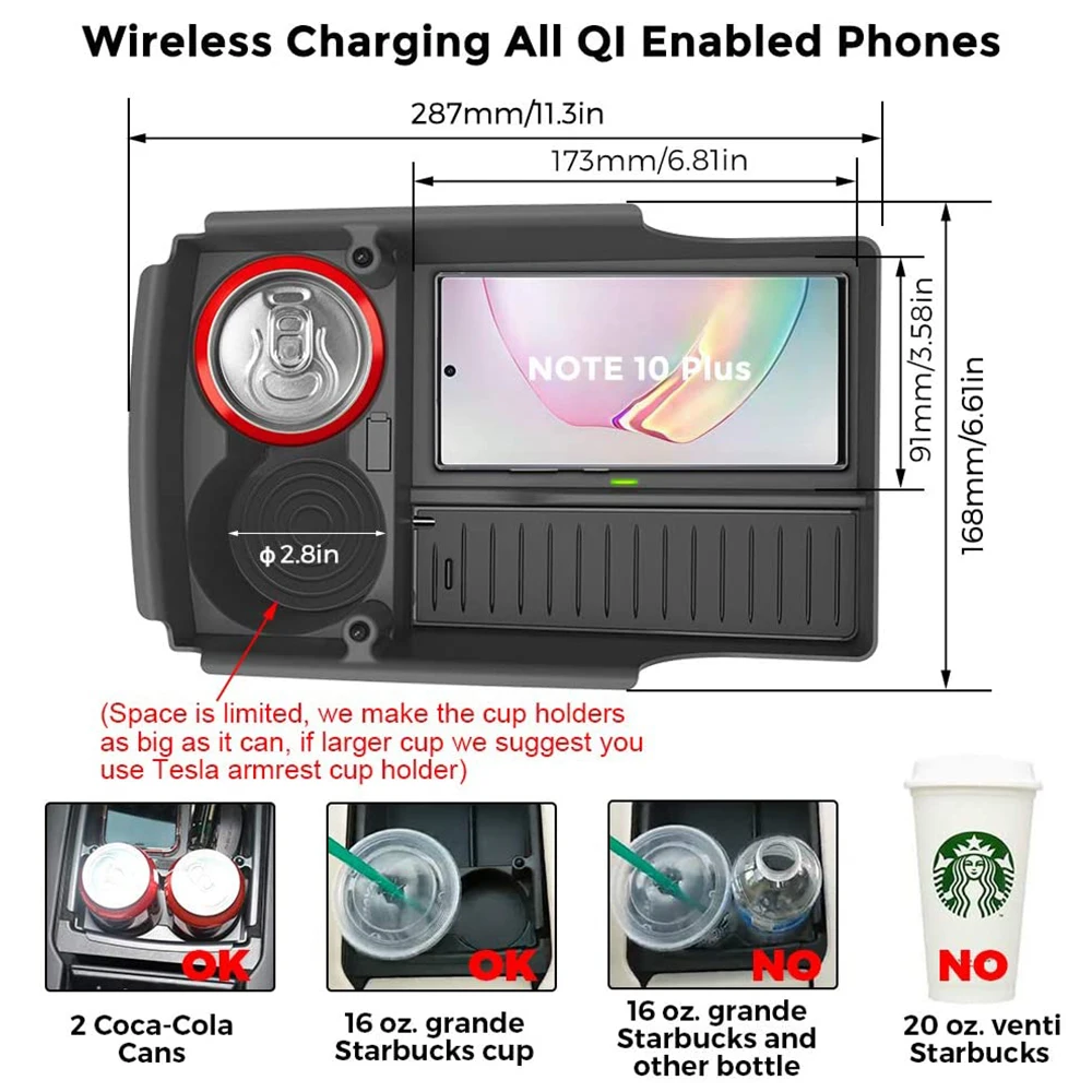 Цена Беспроводной органайзер для зарядного устройства для телефона Qi, коробка с держателем для чашки и кабелем Type-C, центральная консоль, лоток д...