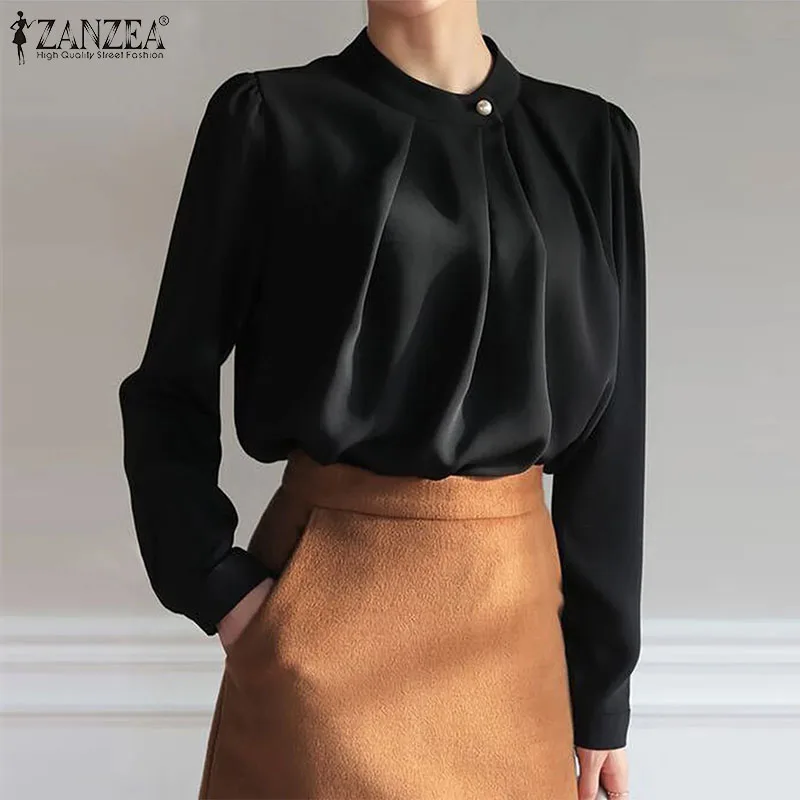 

ZANZEA Autumn Women Long Sleeve Pleated Solid Blouse Stylish Ladies Work Blusas Casual Tops Tunic Chemise Elegant OL Satin Shirt