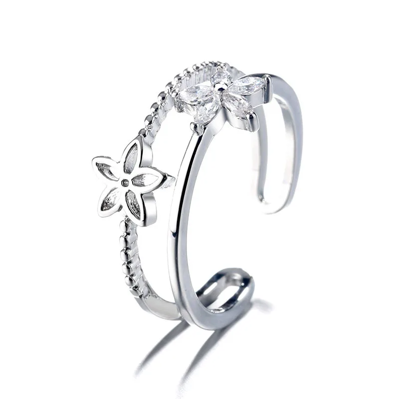 

Hight Quality Fashion Adjuestable Size Luxury Zircon Flower Ring Silver Coating Charm Women Jewelry Female Gift