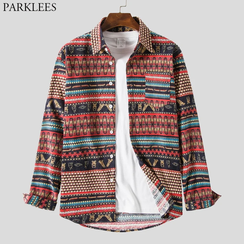 

Fashion Totem Print Corduroy Jackets Shirt Men African Ethnic Style Long Sleeve Button Up Shirts Mens Casual Warm Pocket Chemise