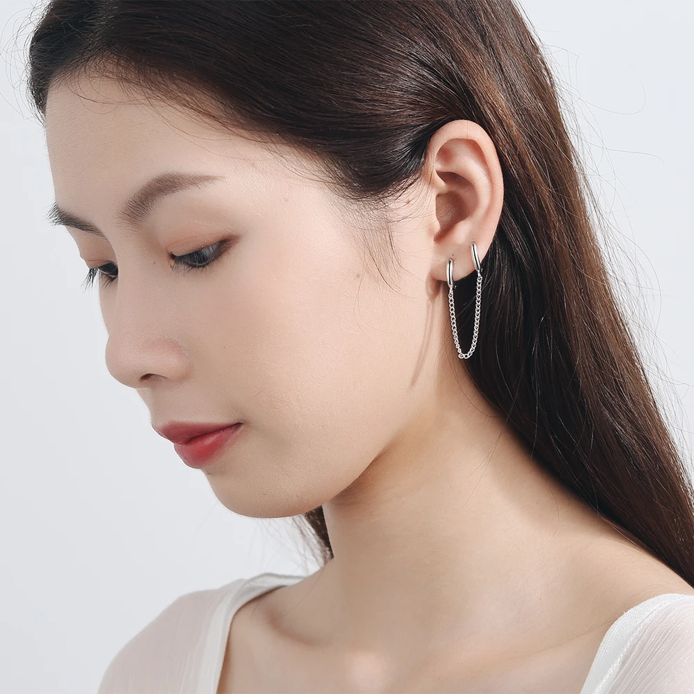 ANENJERY 1PC New 925 Sterling Silver Double Ear Hole Chain Hoop Earring For Women Minimalist Jewelry Dropshipping S-E971