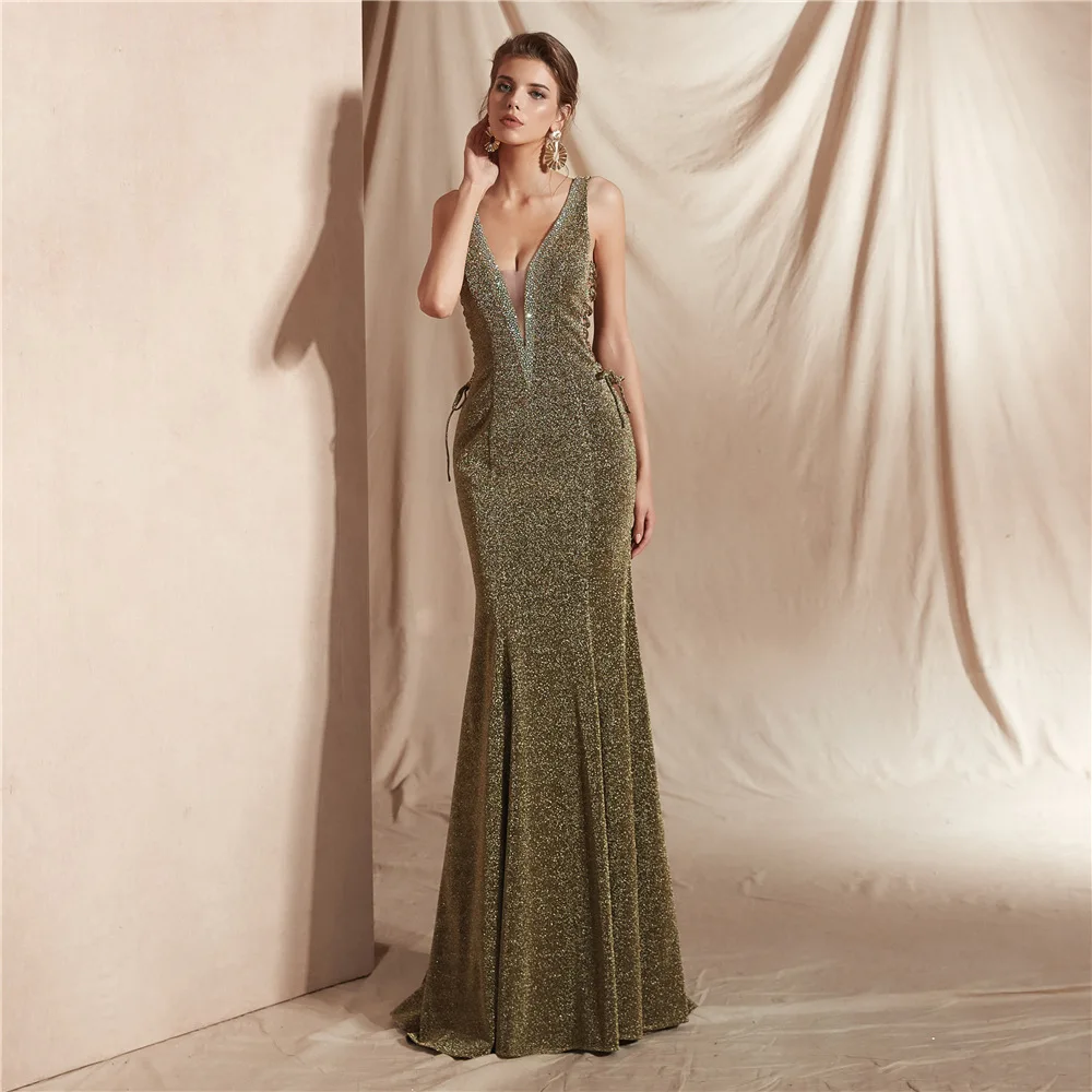 

Luxury Olive Evening Dresses Green Long Mermaid Prom Gown Glitter Elegant Bandage Sexy V Neck Party Wear Formal Dress 2021