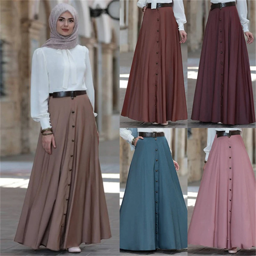 

2021 Muslim Elegant Skirt Islamic Dubai A-Line Pleated Turkish Solid Half Dress Hight Waist Big Swing Buttons Party Wear