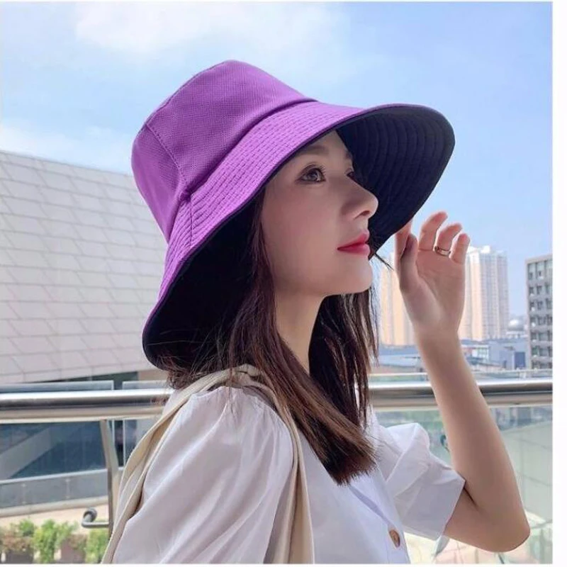 Women Buckle Hat Ladies 2020 Anti-UV Foldable Summer String Sun Hats Panama Wide Brim Beach Girls Purple Beige Cap | Аксессуары для