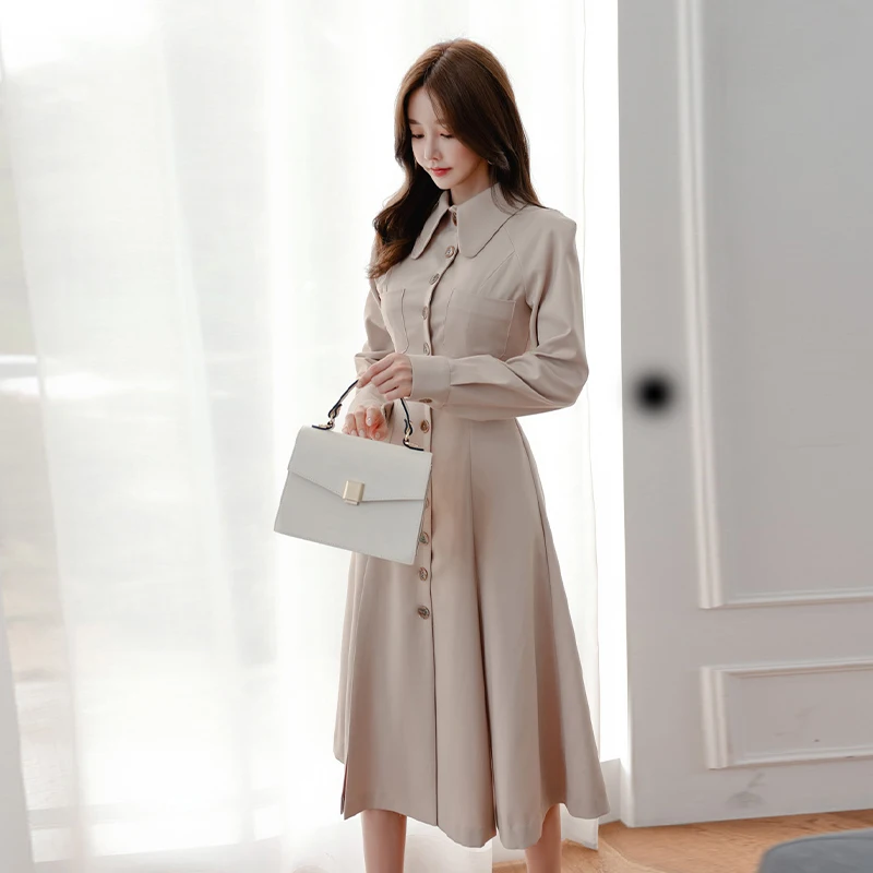

Fashion Work Wear Autumn Long Turn-down Collar Trench Dress Women's Outwear Elegant Korean Sashes For Women Office Vestidoes