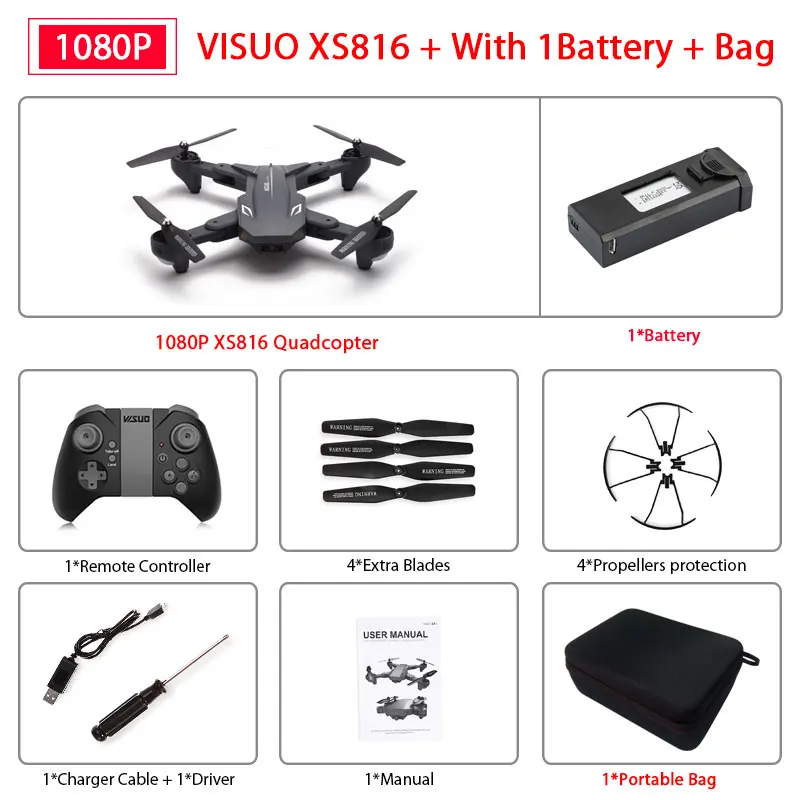 1080P 1B with case Визуализации XS816 беспилотный летательный аппарат для контроля уровня сахара в крови с 50 раз зум Wi-Fi FPV 1080P или 4K двойной Камера оптического потока Квадрокоптер складной селфи Дрон VS SG106 - Цвет: 1080P 1B with case