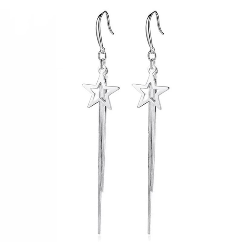 

Korean Fashion Simple Long Tassel Star Statement Earrings Tibetan Sliver Drop Earrings Hanging Back Jewelry Earrings KED3268