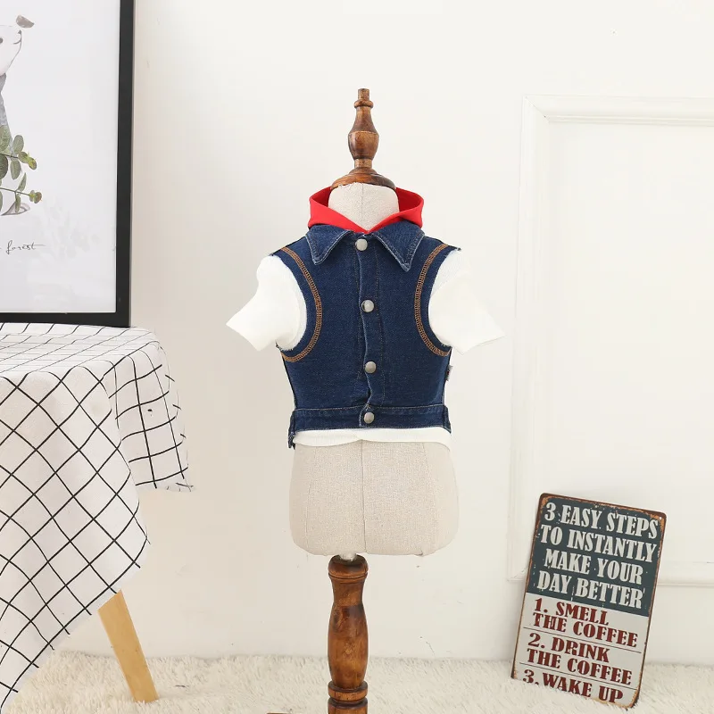

Autumn and winter new denim dog clothes with hat vest small dog pet clothing