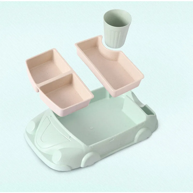 

Cartoon Car Shape Baby Dishes Food Plate with Milk Cup Fiber Tableware Nutrition Partition Plates Anti-scalding Safe Baby Bowls