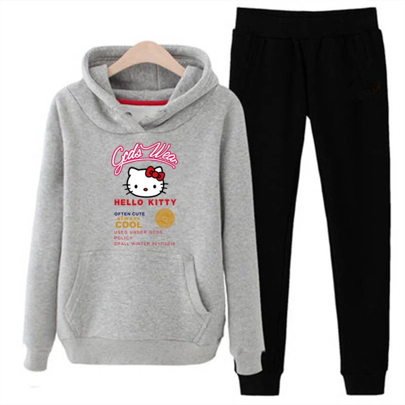 T09 3xl плюс размер hello-kitty 2 шт Женские повседневные спортивные толстовки с капюшоном костюмы толстовка+ спортивные штаны комплект теплая одежда спортивный Спортивный костюм женский
