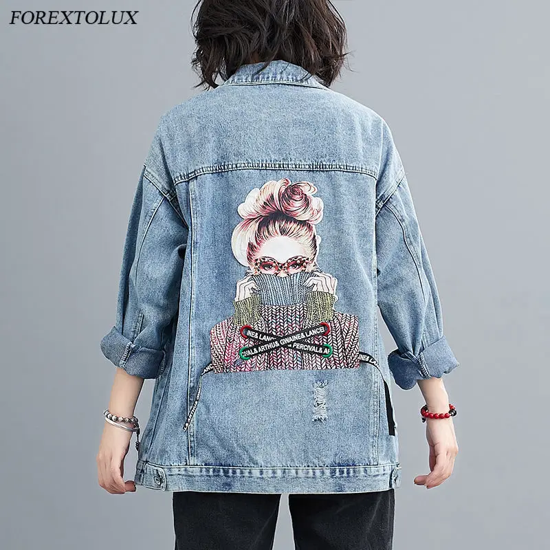 Женская джинсовая куртка Повседневная Свободная синяя на пуговицах с 3D принтом