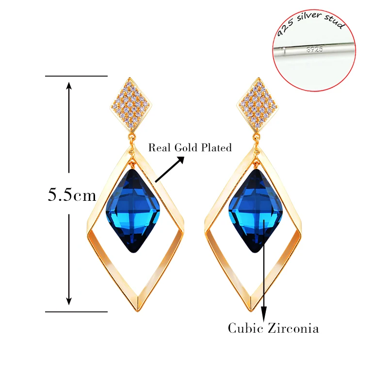 

SINLEERY Tender Style Yellow Rhombus Gold Plated Blue Crystal Pendant Hoop Earrings For Women Birthday Present Jewelry ES050 SSP