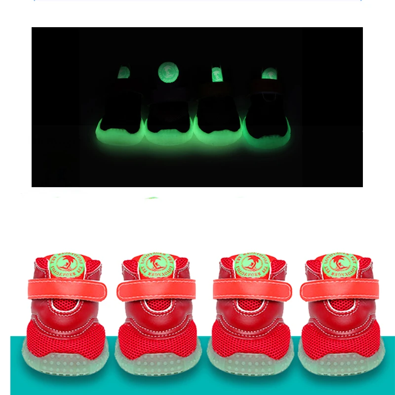 

4pcs Cute Snow Luminous Footwear Night Light Big Dog Shoes Winter Fur Warm Large Dog Boot Red Blue Brown Adjustable