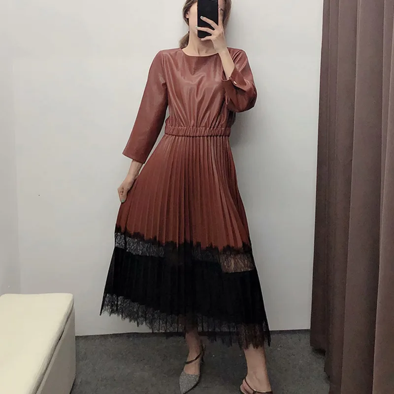 LANMREM 2020 Новое весеннее кружевное лоскутное платье с круглым вырезом и длинными